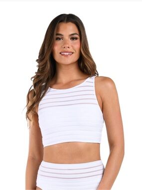 NWT La Blanca Women's High Neck Midkini Swimsuit Top, White//Fluid Lines